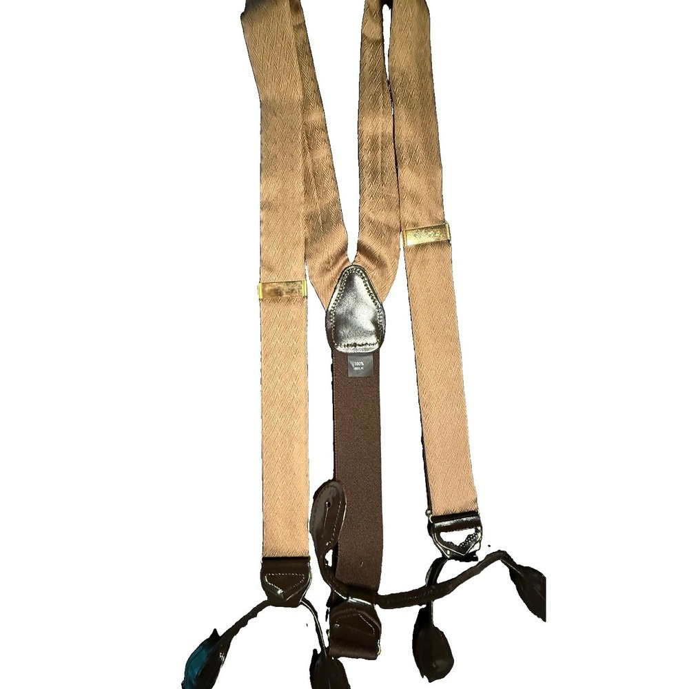 VTG Mens Suspenders Braces 100% Silk Tan Herringbone Leather Button Tabs EUC